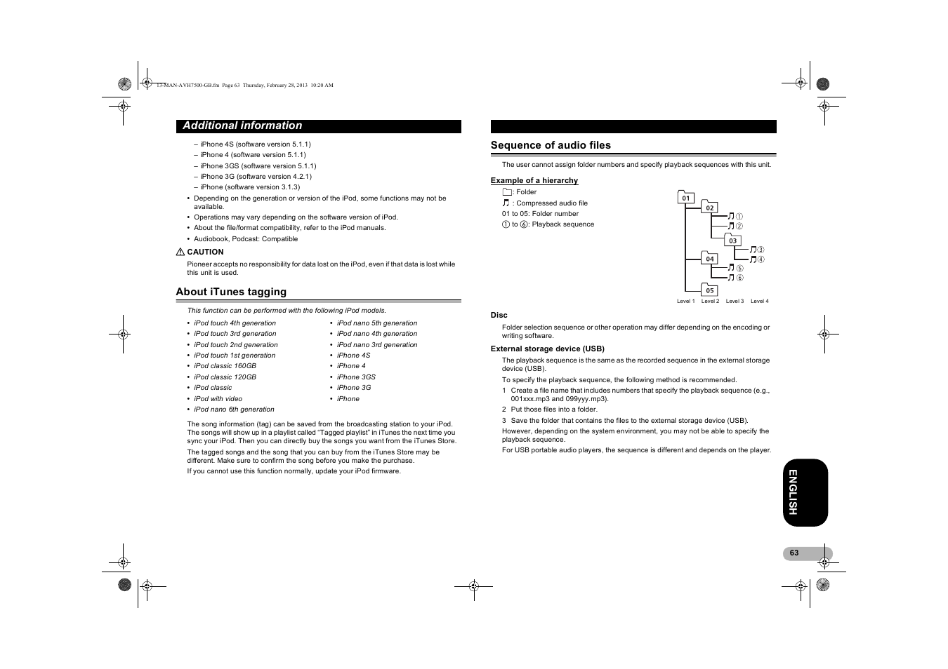 Caution, About itunes tagging, Sequence of audio files | Example of a hierarchy, Disc, External storage device (usb), Additional information | Pioneer AVH-X7500BT User Manual | Page 63 / 70