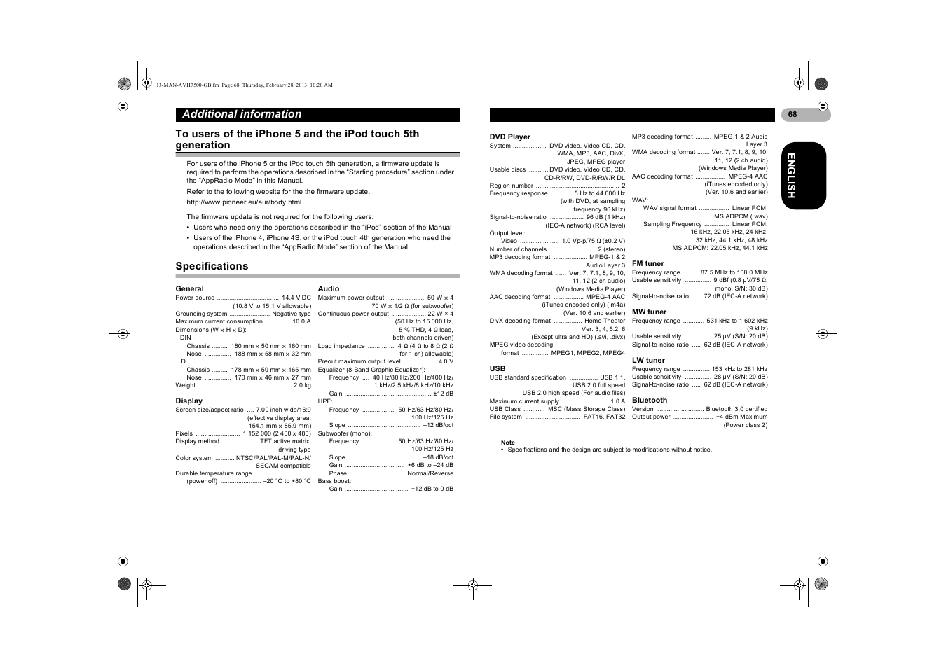 Specifications, To users of the iphone 5 and the, Ipod touch 5th generation | Additional information, En g l is h | Pioneer AVH-X7500BT User Manual | Page 68 / 70