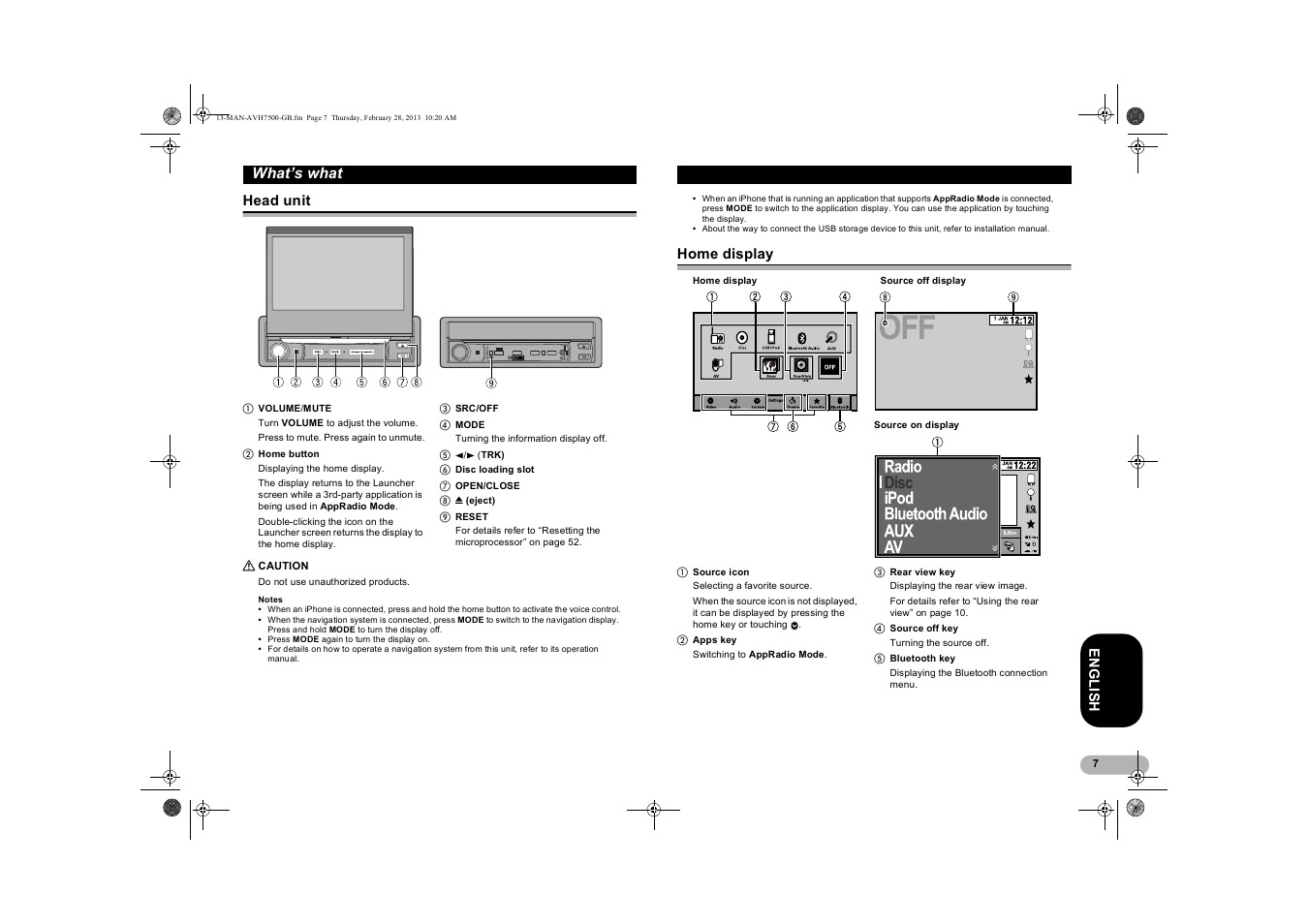 What’s what, Head unit, Caution | Home display | Pioneer AVH-X7500BT User Manual | Page 7 / 70