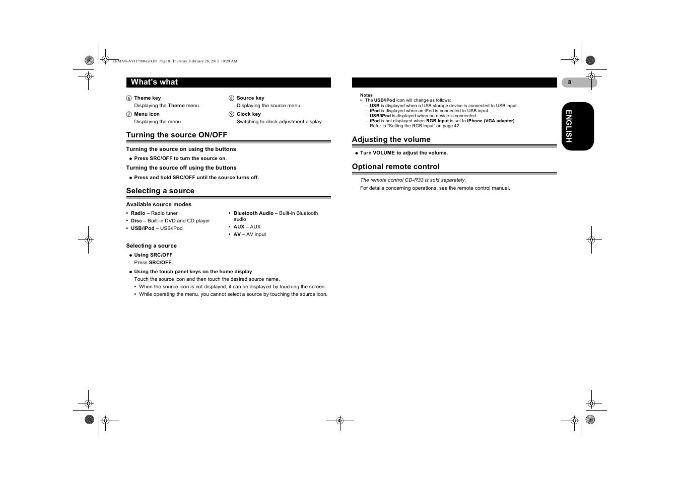 Turning the source on/off, Turning the source on using the buttons, Turning the source off using the buttons | Selecting a source, Available source modes, Adjusting the volume, Optional remote control | Pioneer AVH-X7500BT User Manual | Page 8 / 70