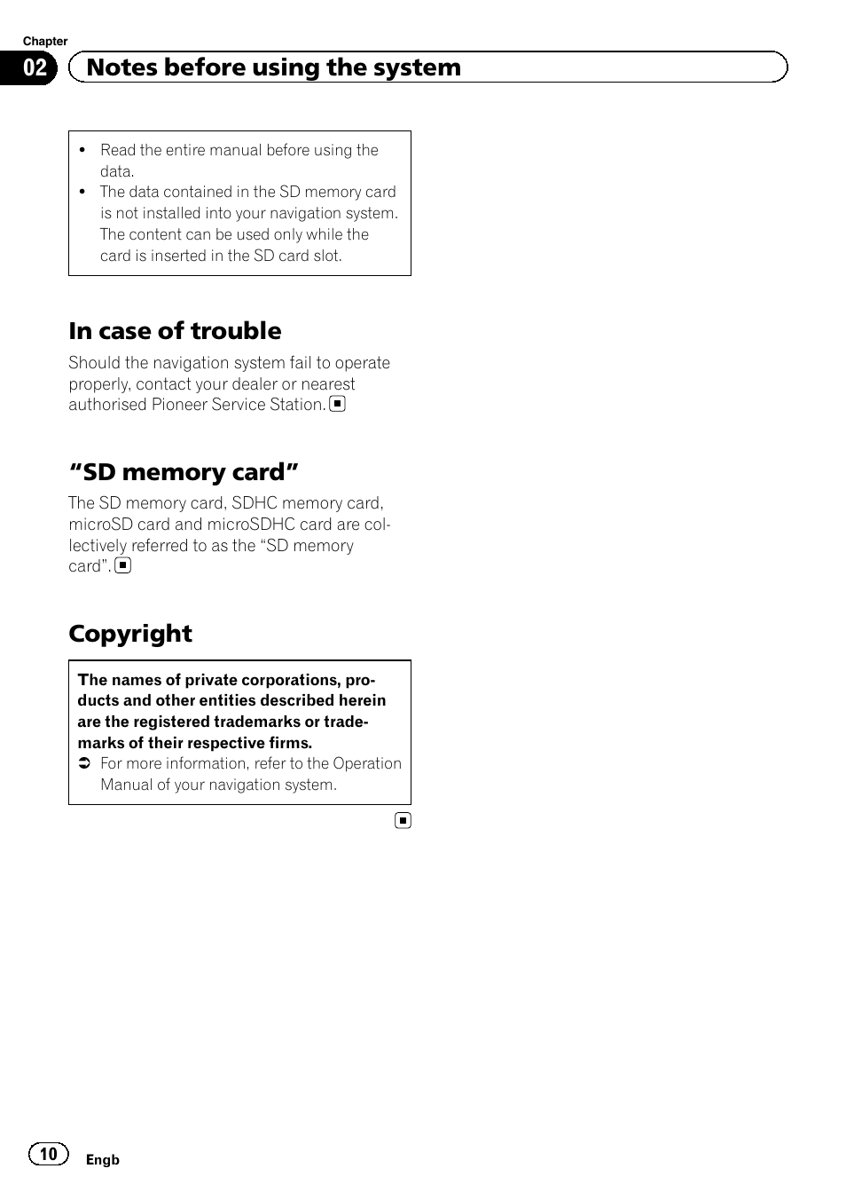 Notes before using the system in case of trouble, Sd memory card” 10 copyright, Copyright | Pioneer AVIC-F10BT User Manual | Page 10 / 12