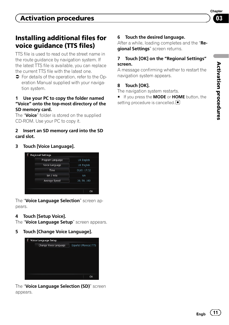 Tts files), Activation procedures | Pioneer AVIC-F10BT User Manual | Page 11 / 12