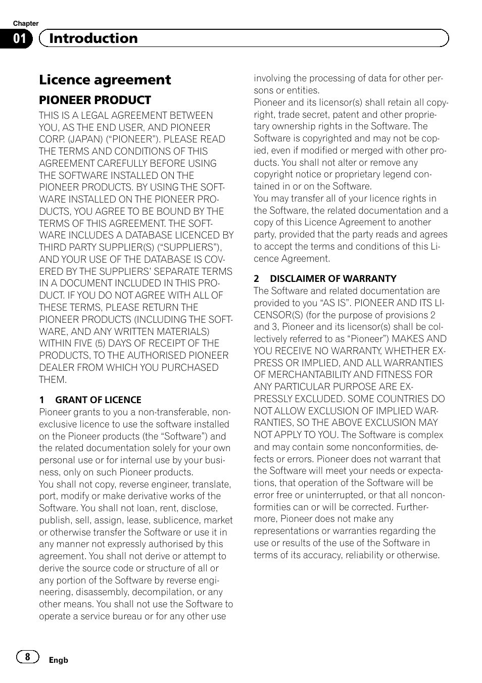 Introduction licence agreement, Pioneer product 8, Licence agreement | 01 introduction | Pioneer AVIC-F10BT User Manual | Page 8 / 12