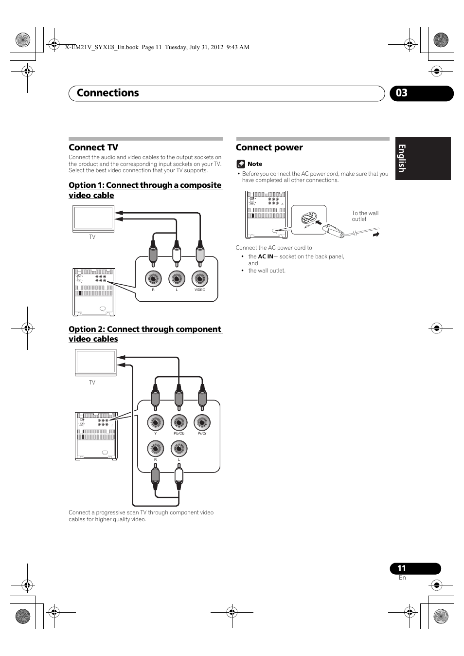 Connect tv, Option 1: connect through a composite, Video cable | Option 2: connect through component, Video cables, Connect power, Connections 03 | Pioneer X-EM21V User Manual | Page 11 / 30