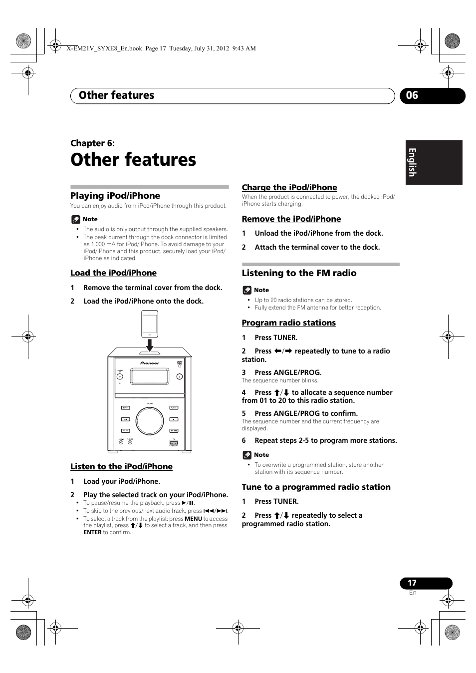 06 other features, Playing ipod/iphone, Load the ipod/iphone | Listen to the ipod/iphone, Charge the ipod/iphone, Remove the ipod/iphone, Listening to the fm radio, Program radio stations, Tune to a programmed radio station, Other features | Pioneer X-EM21V User Manual | Page 17 / 30