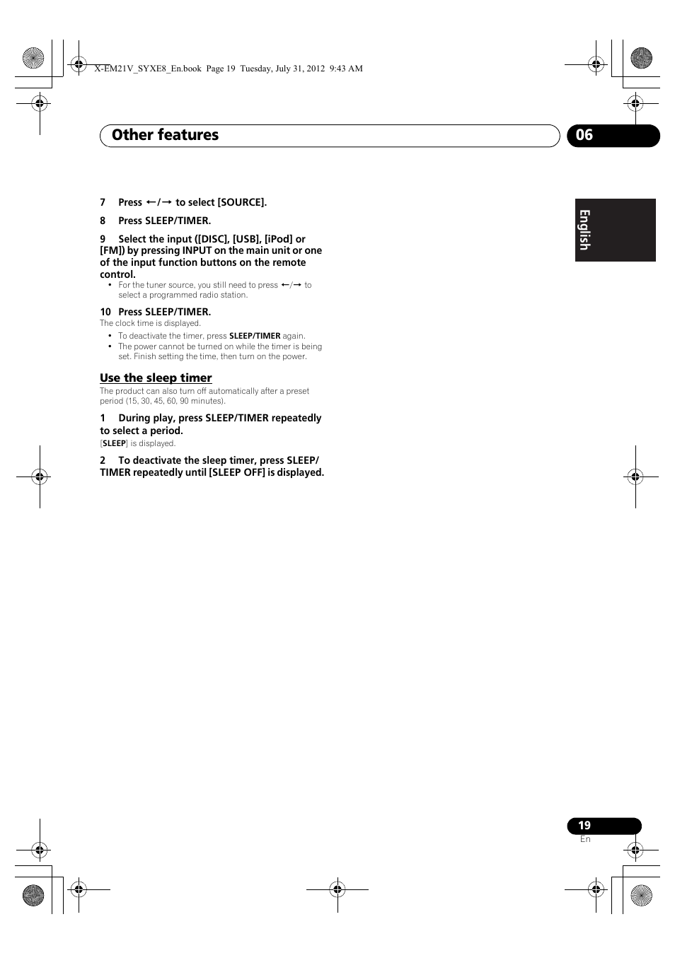 Use the sleep timer, Other features 06 | Pioneer X-EM21V User Manual | Page 19 / 30