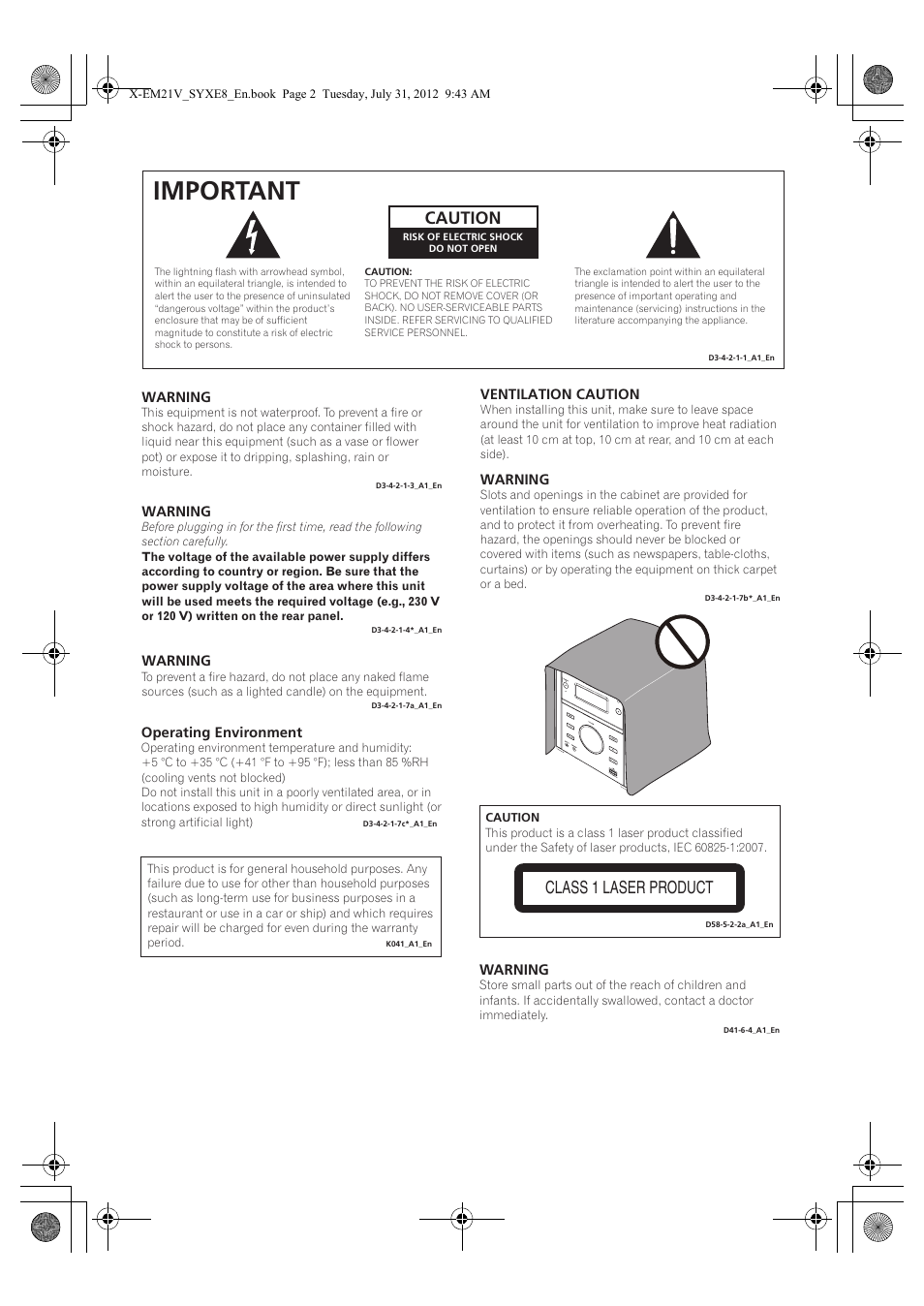 Important, Caution, Class 1 laser product | Pioneer X-EM21V User Manual | Page 2 / 30