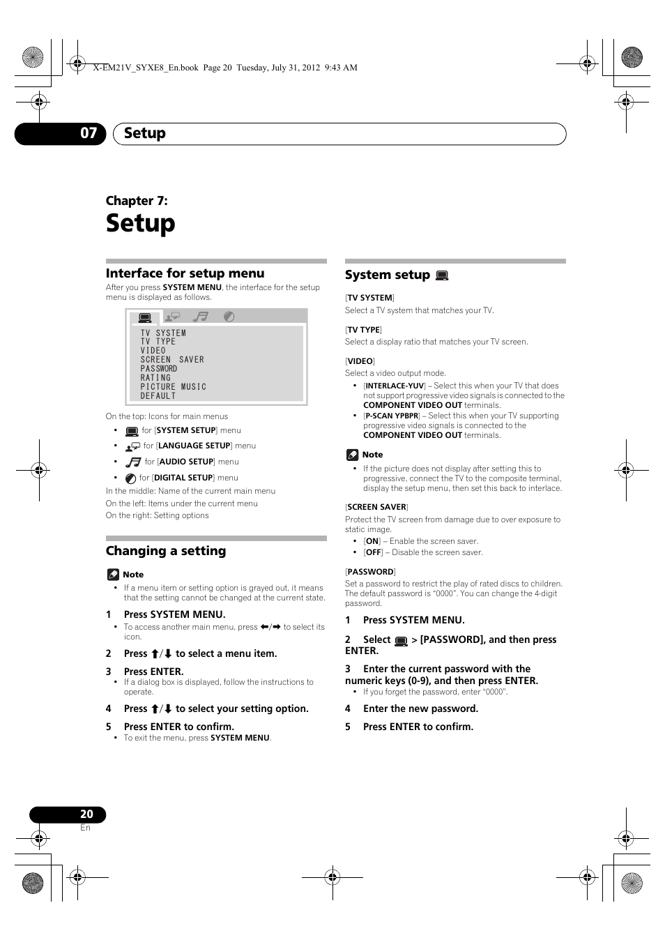 07 setup, Interface for setup menu, Changing a setting | System setup, Setup, Setup 07, Chapter 7 | Pioneer X-EM21V User Manual | Page 20 / 30