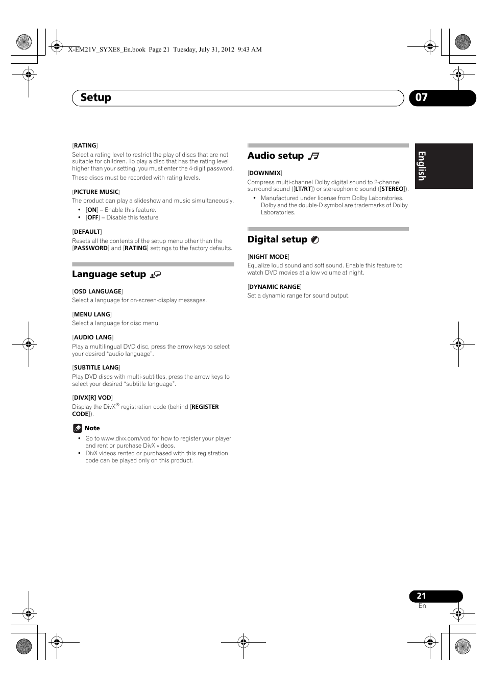 Language setup, Audio setup, Digital setup | Setup 07 | Pioneer X-EM21V User Manual | Page 21 / 30