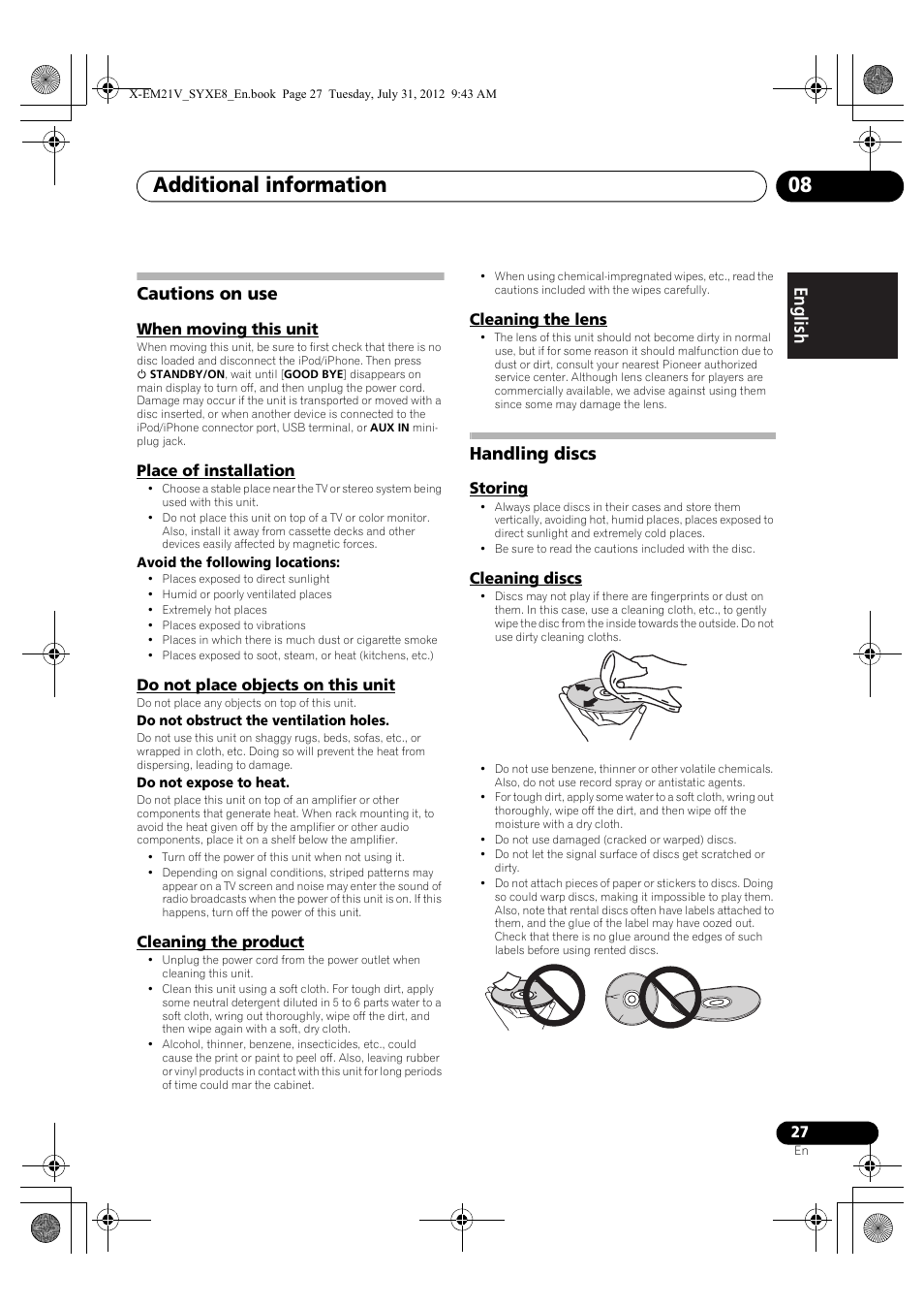 Cautions on use, When moving this unit, Place of installation | Do not place objects on this unit, Cleaning the product, Cleaning the lens, Handling discs, Storing, Cleaning discs, Additional information 08 | Pioneer X-EM21V User Manual | Page 27 / 30