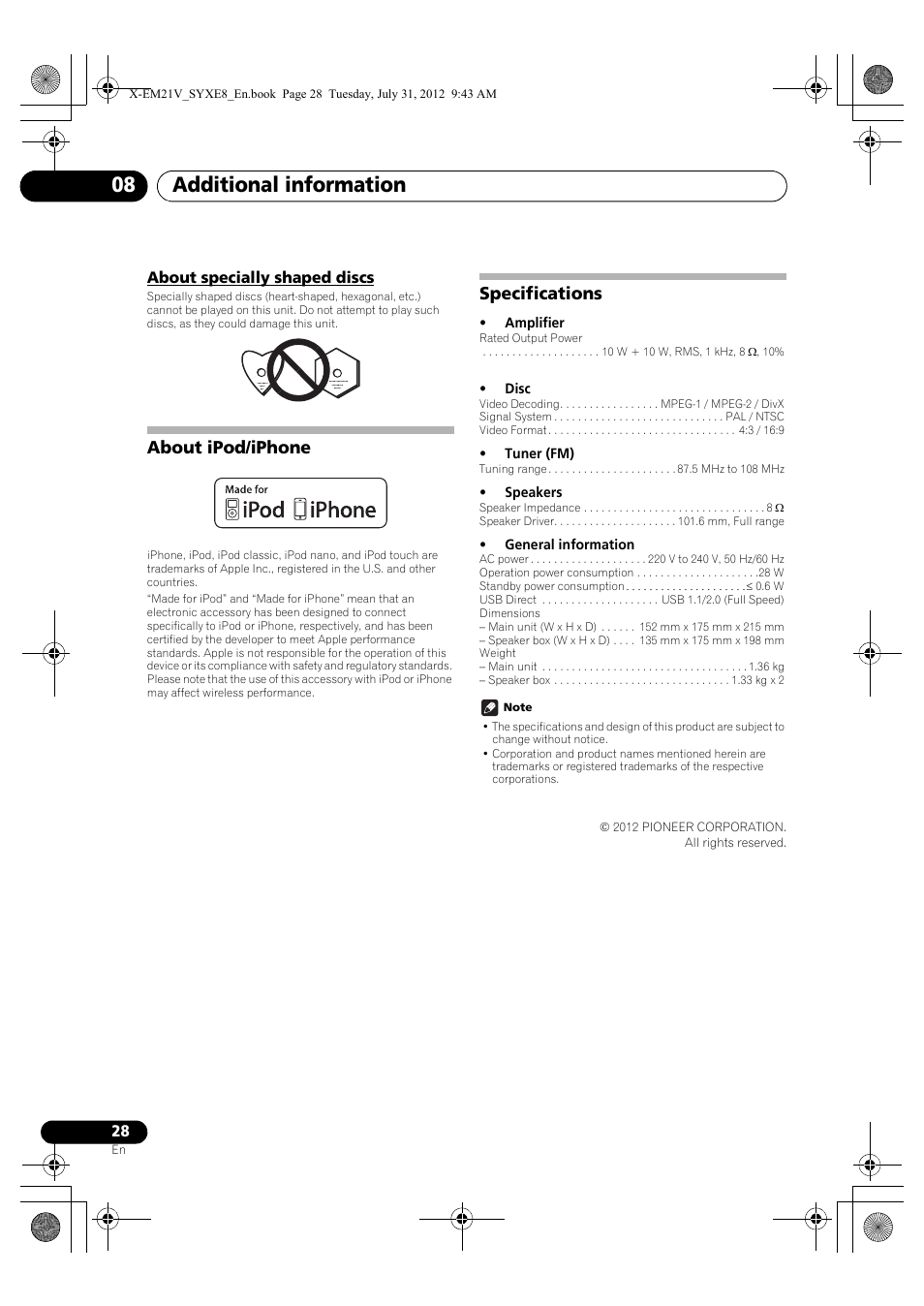 About specially shaped discs, About ipod/iphone, Specifications | Additional information 08 | Pioneer X-EM21V User Manual | Page 28 / 30