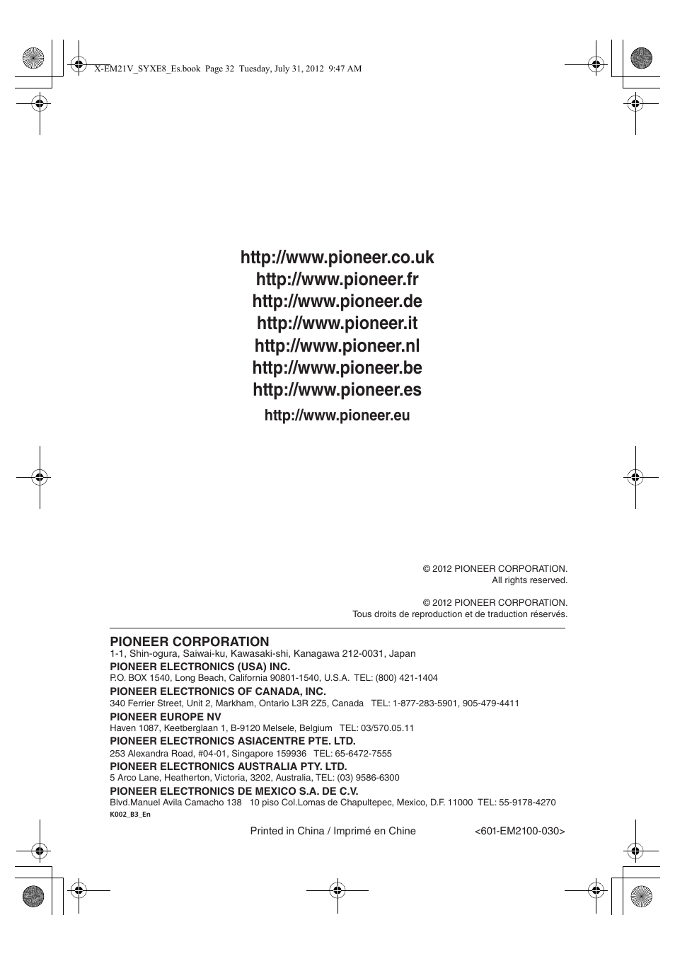 Pioneer X-EM21V User Manual | Page 30 / 30