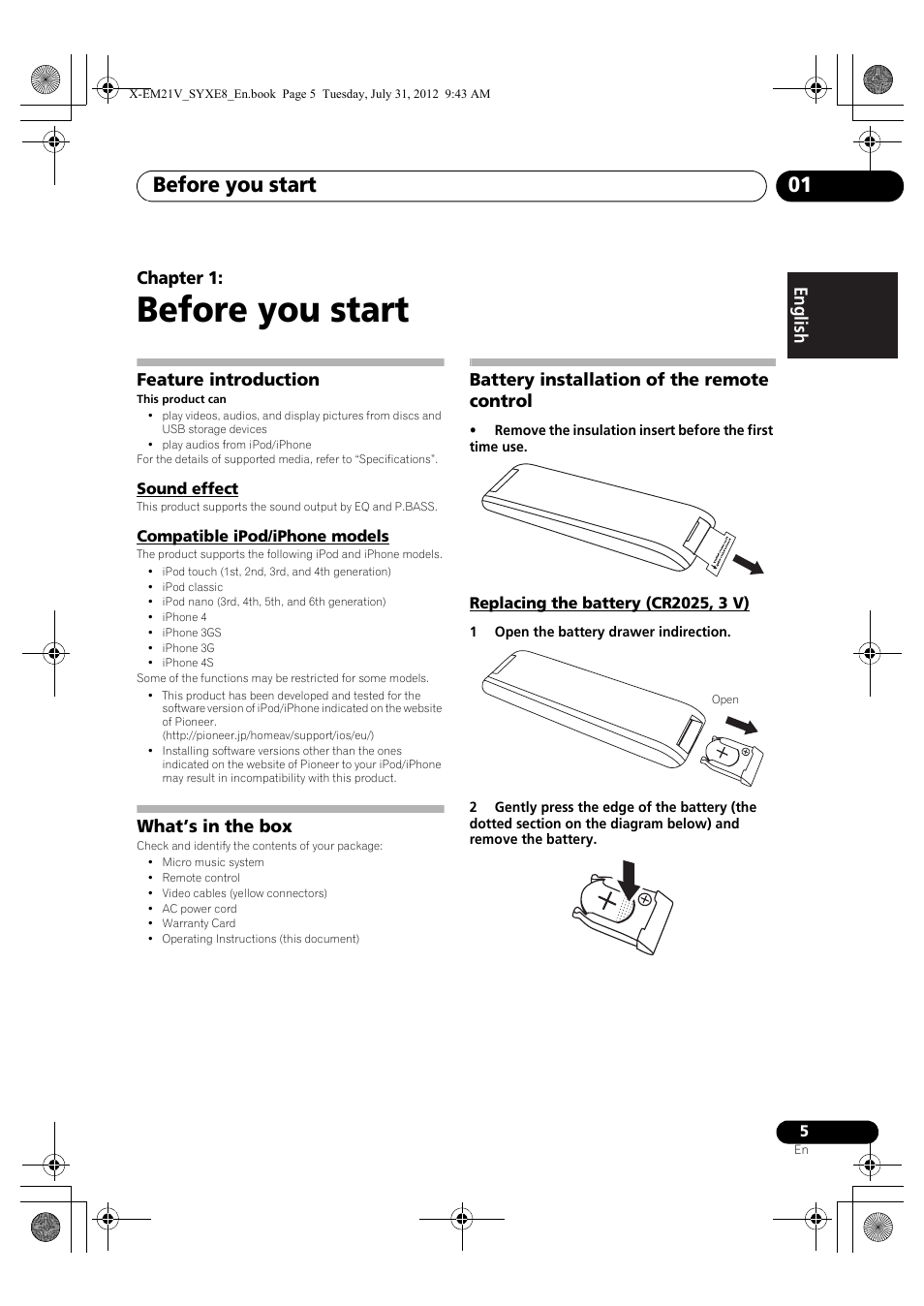 01 before you start, Feature introduction, Sound effect | Compatible ipod/iphone models, What’s in the box, Battery installation of the remote control, Replacing the battery (cr2025, 3 v), Before you start, Before you start 01 | Pioneer X-EM21V User Manual | Page 5 / 30