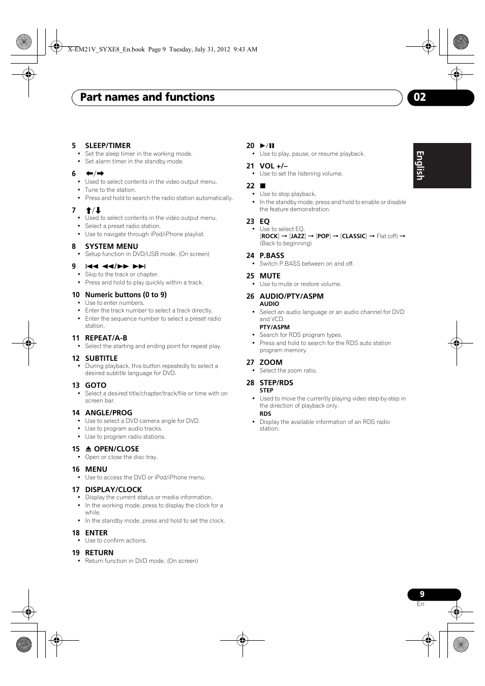 Part names and functions 02 | Pioneer X-EM21V User Manual | Page 9 / 30