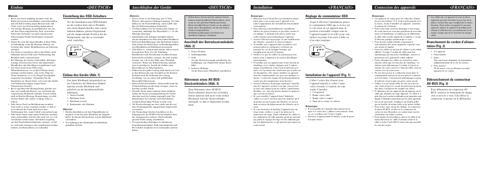 Connexion des appareils <français, Installation <français, Anschließen der geräte <deutsch | Einbau <deutsch, Branchement du cordon d’alimen- tation (fig. 2), Débranchement du connecteur av-bus (fig. 3), Réglage du commutateur osd, Installation de l’appareil (fig. 1), Anschluß des betriebsstromkabels (abb. 2), Abtrennen eines av-bus- steckverbinders (abb. 3) | Pioneer GEX-P6400TVP User Manual | Page 3 / 8
