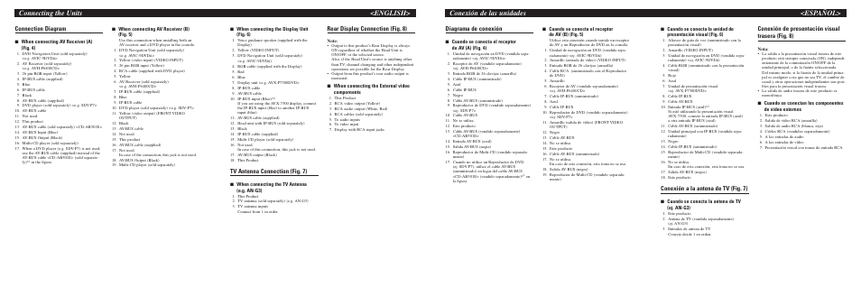 Conexión de las unidades <español, Connecting the units <english, Conexión a la antena de tv (fig. 7) | Conexión de presentación visual trasera (fig. 8), Diagrama de conexión, Tv antenna connection (fig. 7), Rear display connection (fig. 8), Connection diagram | Pioneer GEX-P6400TVP User Manual | Page 6 / 8