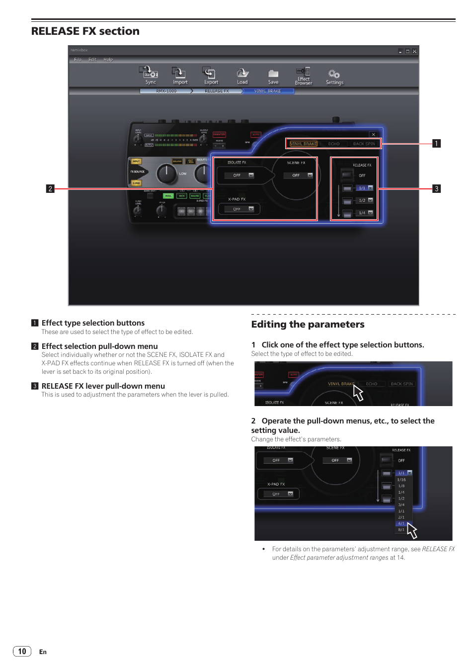 Release fx section, Editing the parameters | Pioneer RMX-1000-M User Manual | Page 10 / 16