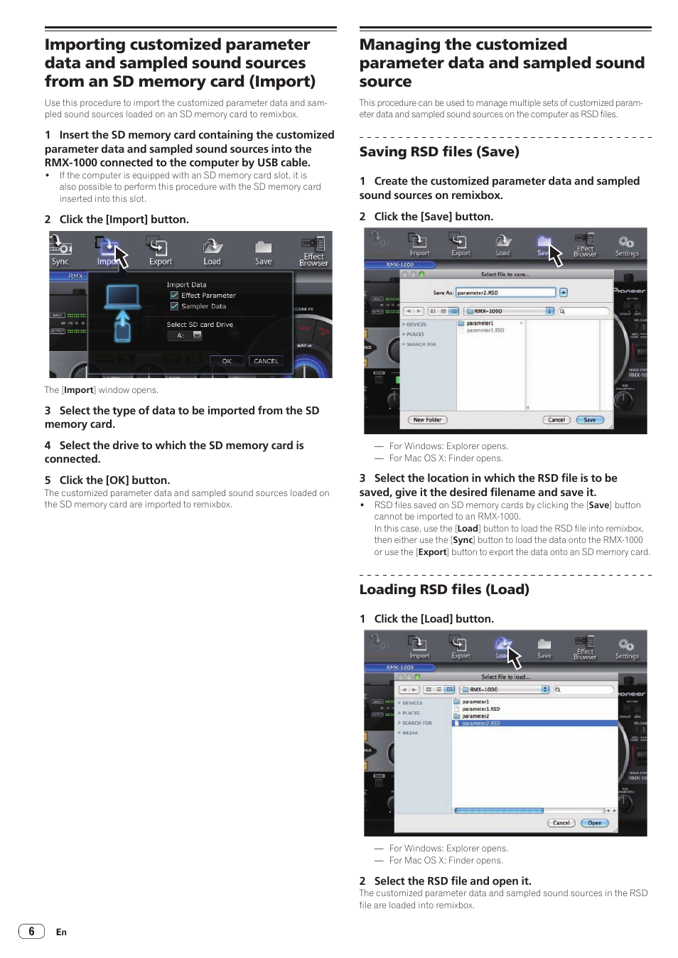 Saving rsd files (save), Loading rsd files (load) | Pioneer RMX-1000-M User Manual | Page 6 / 16