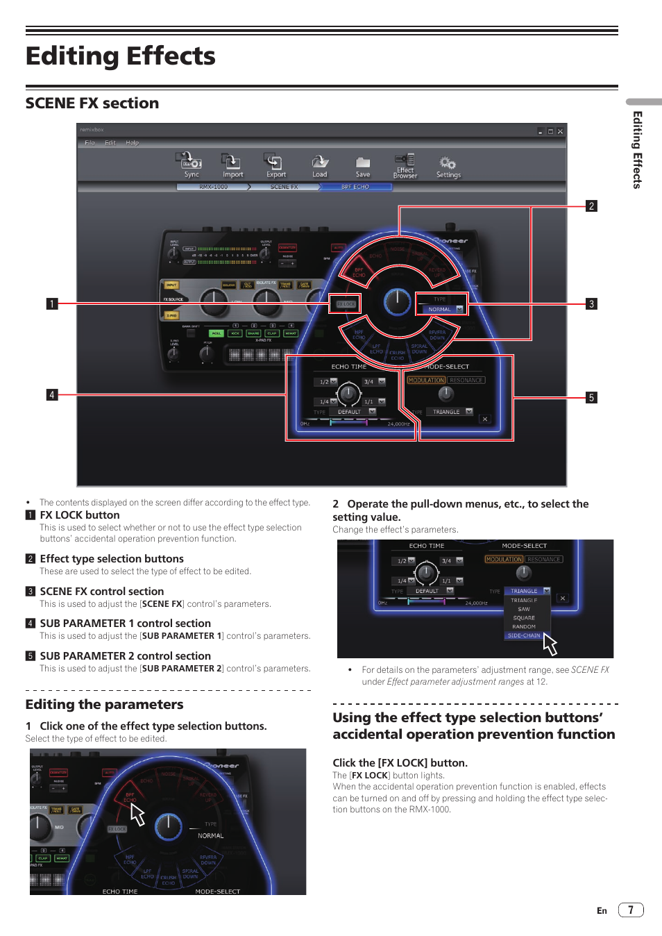Scene fx section, Editing effects | Pioneer RMX-1000-M User Manual | Page 7 / 16