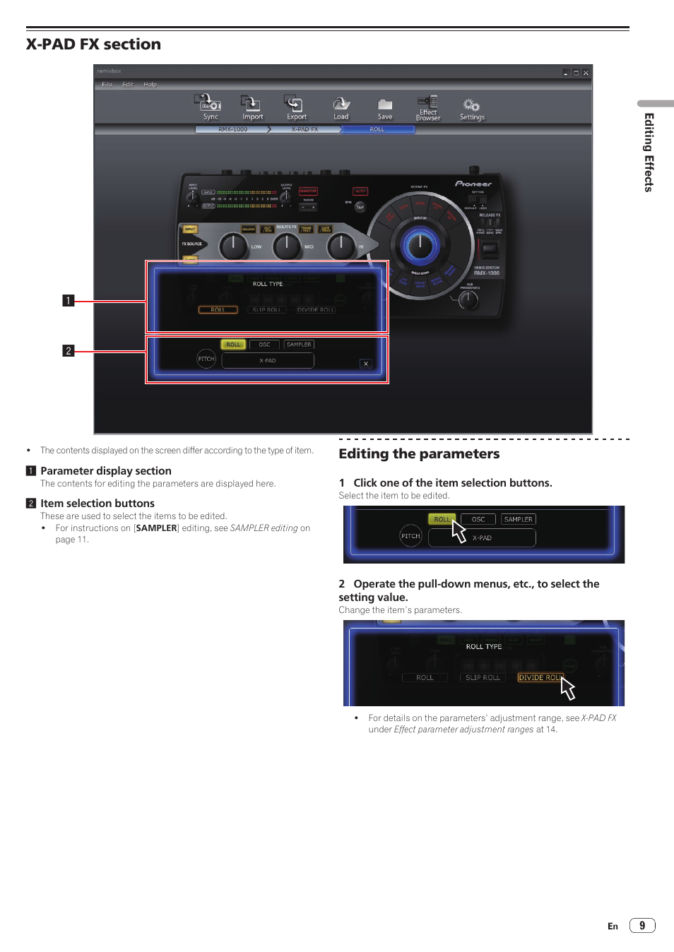 X-pad fx section, Editing the parameters | Pioneer RMX-1000-M User Manual | Page 9 / 16