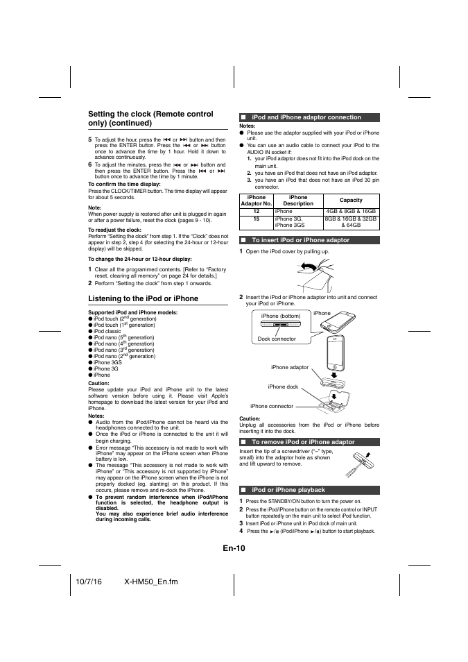 Listening to the ipod or iphone, Ipod and iphone adaptor connection, To insert ipod or iphone adaptor | To remove ipod or iphone adaptor, Ipod or iphone playback, Listening to the ipod or iphone - 11, En-10 | Pioneer X-HM50-K User Manual | Page 10 / 76