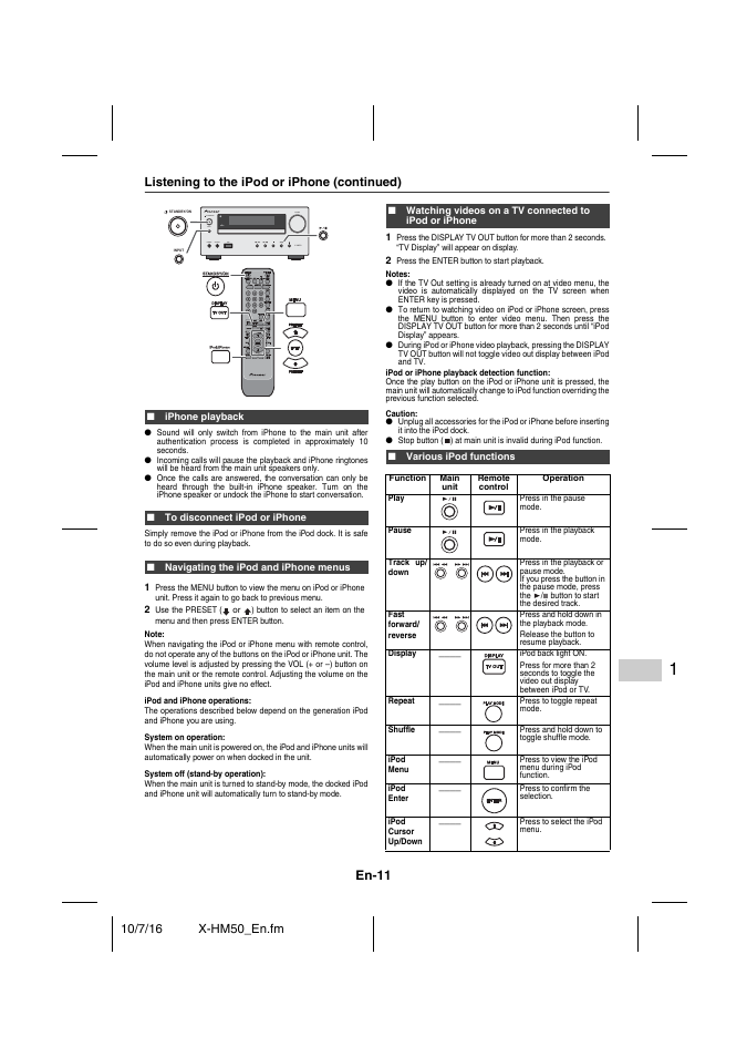 Listening to the ipod or iphone (continued), Iphone playback, To disconnect ipod or iphone | Navigating the ipod and iphone menus, Various ipod functions, En-11 | Pioneer X-HM50-K User Manual | Page 11 / 76