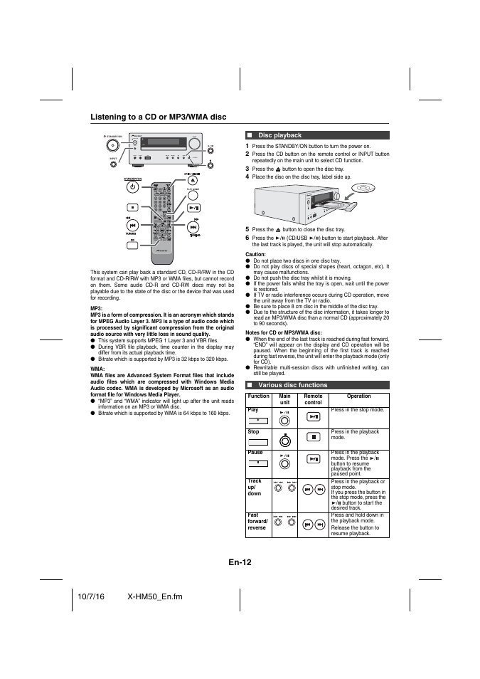 Listening to a cd or mp3/wma disc, Disc playback, Various disc functions | En-12 | Pioneer X-HM50-K User Manual | Page 12 / 76