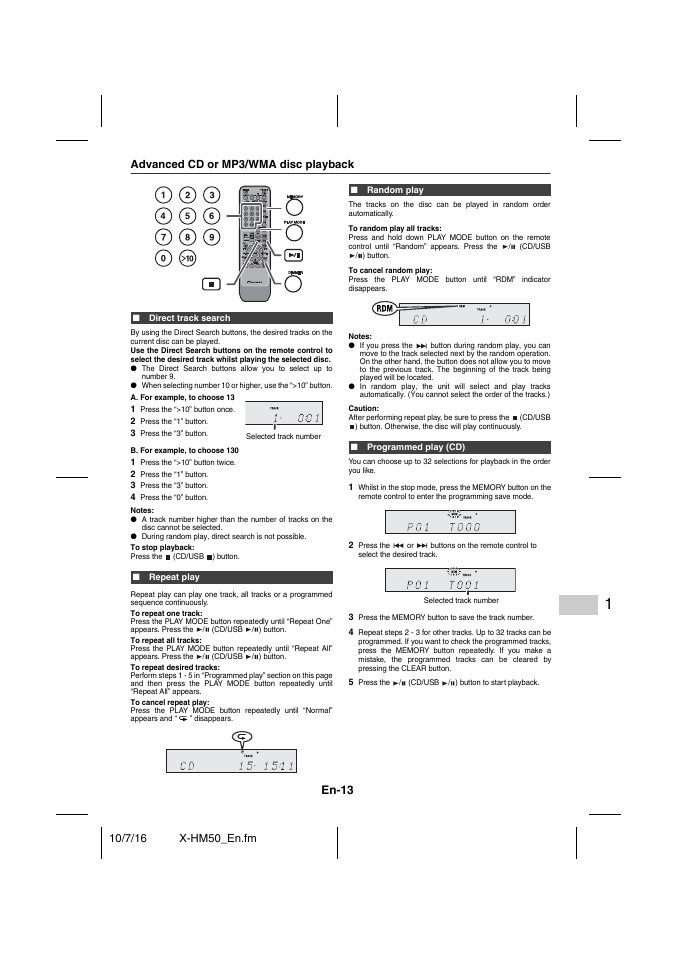 Advanced cd or mp3/wma disc playback, Direct track search, Repeat play | Random play, Programmed play (cd), Advanced cd or mp3/wma disc playback - 14, En-13 | Pioneer X-HM50-K User Manual | Page 13 / 76