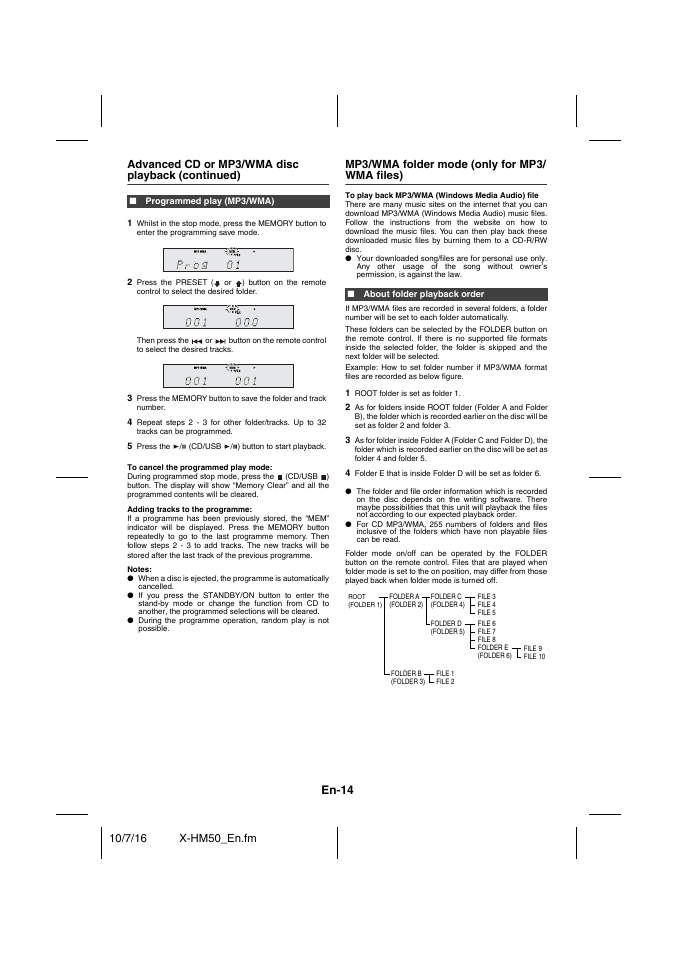 Advanced cd or mp3/wma disc playback (continued), Programmed play (mp3/wma), Mp3/wma folder mode (only for mp3/ wma files) | About folder playback order, Mp3/wma folder mode (only for mp3/wma files) - 15, En-14 | Pioneer X-HM50-K User Manual | Page 14 / 76