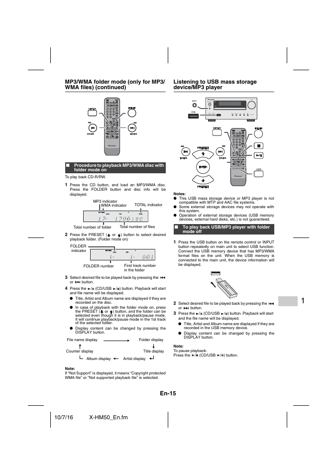 Listening to usb mass storage device/mp3 player, To play back usb/mp3 player with folder mode off, En-15 | Pioneer X-HM50-K User Manual | Page 15 / 76