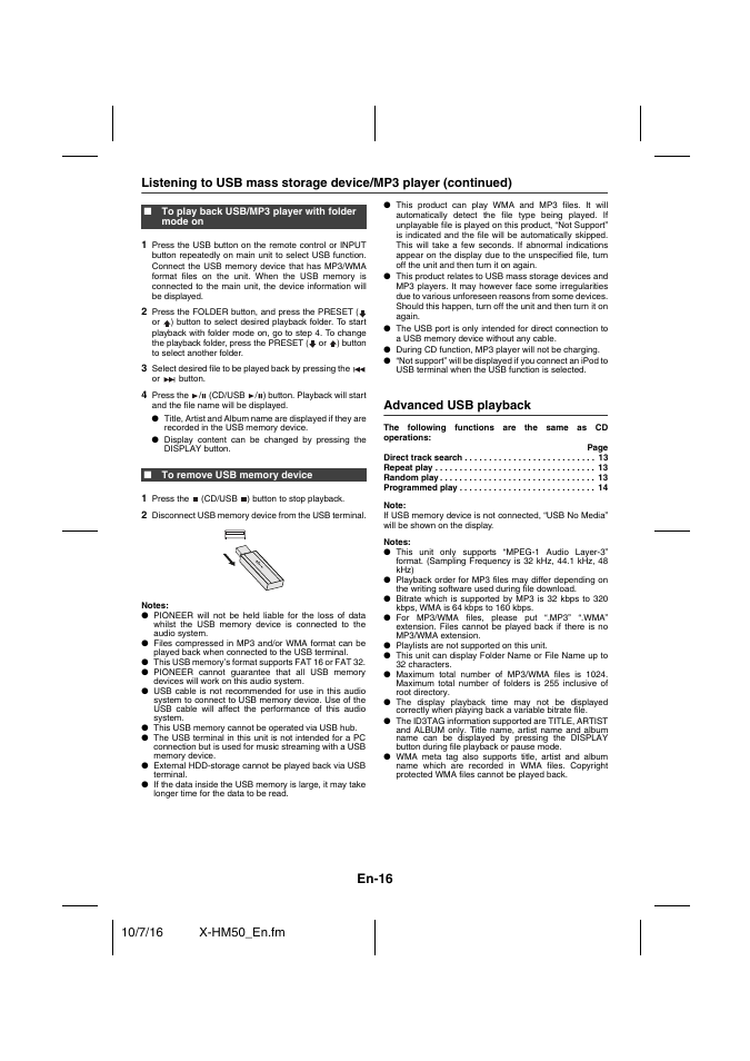 To play back usb/mp3 player with folder mode on, To remove usb memory device, Advanced usb playback | Direct track search 13, Repeat play 13, Random play 13, Programmed play 14, En-16 | Pioneer X-HM50-K User Manual | Page 16 / 76