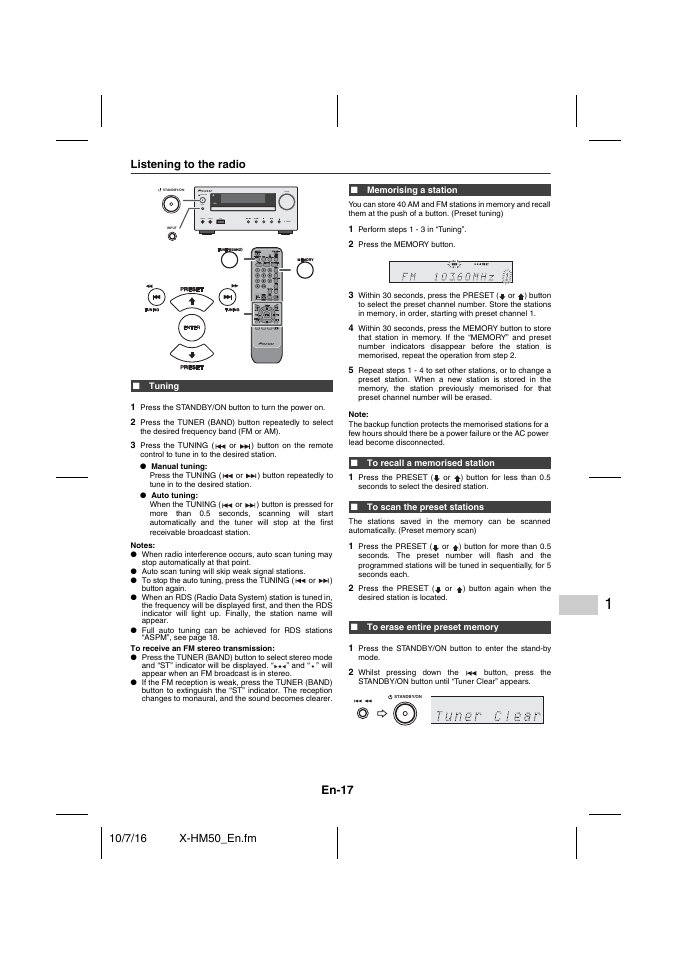 Listening to the radio, Tuning, Memorising a station | To recall a memorised station, To scan the preset stations, To erase entire preset memory, En-17 | Pioneer X-HM50-K User Manual | Page 17 / 76