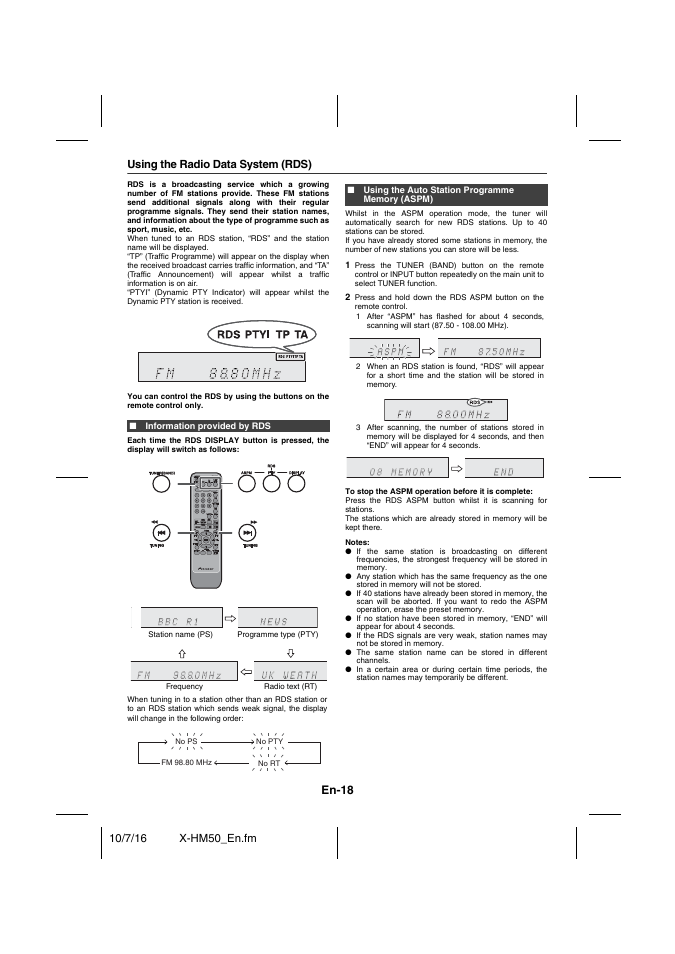 Information provided by rds, Using the auto station programme memory (aspm), Using the radio data system (rds) - 20 | En-18, Using the radio data system (rds) | Pioneer X-HM50-K User Manual | Page 18 / 76