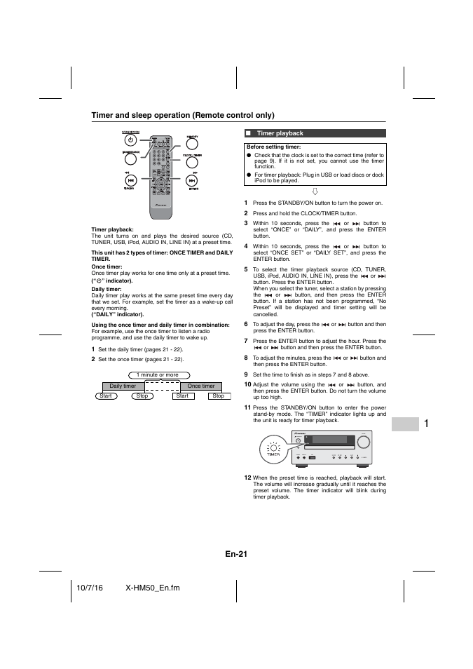 Timer and sleep operation (remote control only), Timer playback, En-21 | Pioneer X-HM50-K User Manual | Page 21 / 76