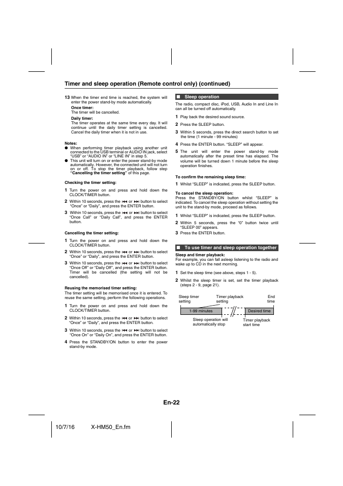 Sleep operation, To use timer and sleep operation together, En-22 | Pioneer X-HM50-K User Manual | Page 22 / 76