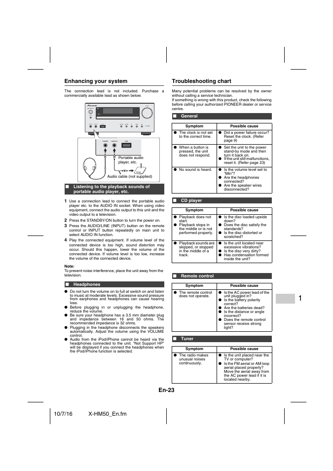 Enhancing your system, Headphones, Troubleshooting chart | General, Cd player, Remote control, Tuner, Troubleshooting chart - 24, En-23 | Pioneer X-HM50-K User Manual | Page 23 / 76