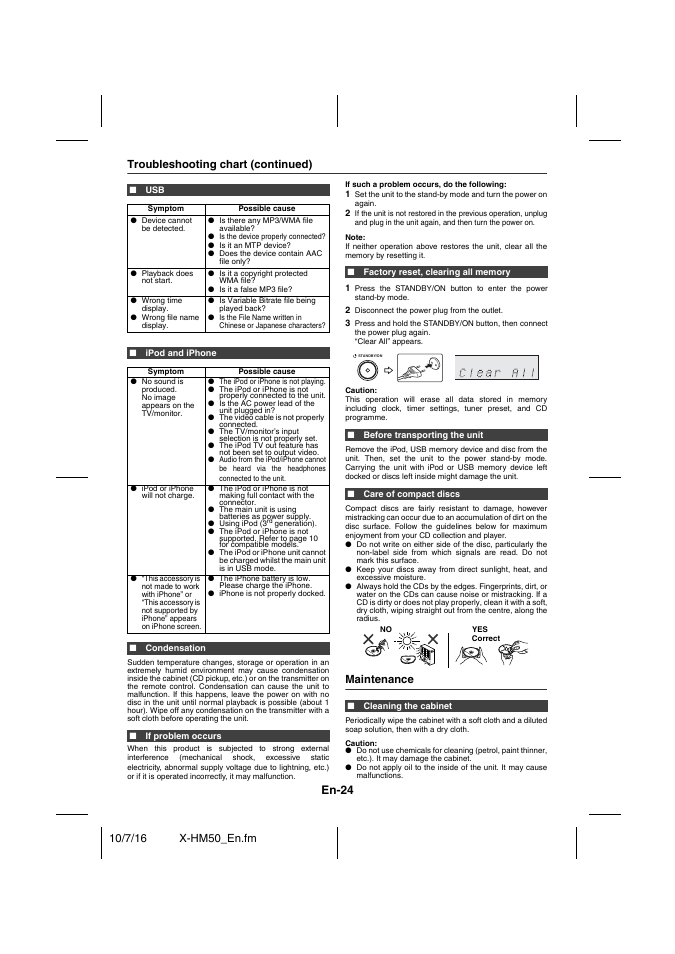 Troubleshooting chart (continued), Ipod and iphone, Condensation | If problem occurs, Factory reset, clearing all memory, Before transporting the unit, Care of compact discs, Maintenance, Cleaning the cabinet, En-24 | Pioneer X-HM50-K User Manual | Page 24 / 76