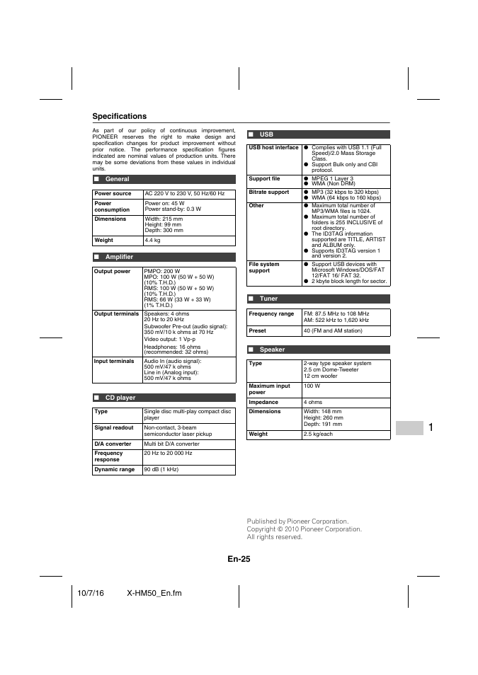 Specifications, General, Amplifier | Cd player, Tuner, Speaker, En-25 | Pioneer X-HM50-K User Manual | Page 25 / 76