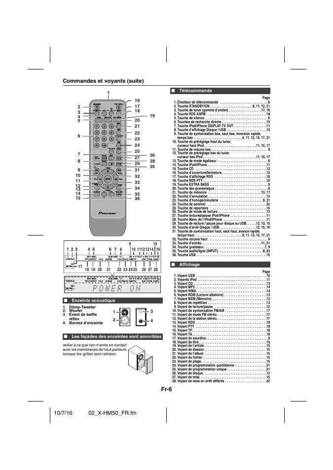 Commandes et voyants (suite), Enceinte acoustique, Les façades des enceintes sont amovibles | Télécommande, Émetteur de télécommande 8, Touche standby/on 9, 11, 12, 21, Touche de tuner (gamme d’ondes) 17, 18, Touche rds aspm 18, Touche de silence 9, Touches de recherche directe 13 | Pioneer X-HM50-K User Manual | Page 30 / 76