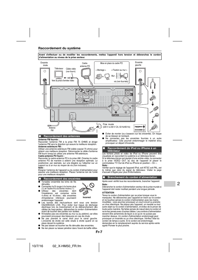 Raccordement du système, Raccordement des antennes, Raccordement des enceintes | Raccordement de ipod ou iphone à un téléviseur, Branchement du cordon d’alimentation, Raccordement du système - 8, Fr-7 | Pioneer X-HM50-K User Manual | Page 31 / 76