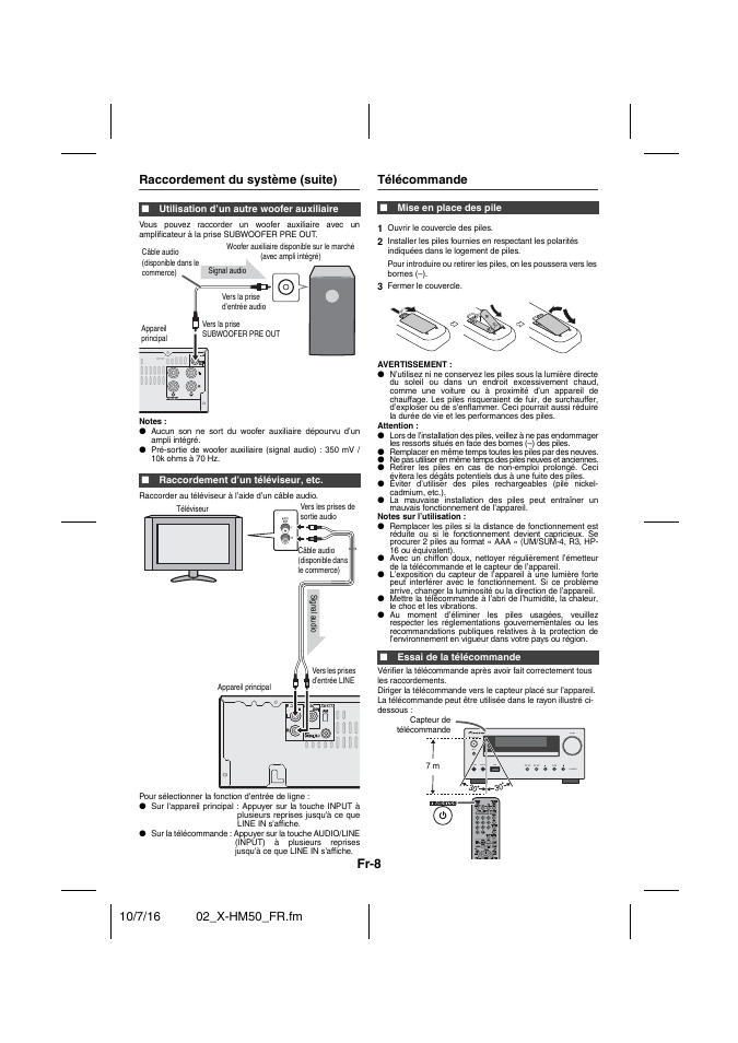 Raccordement du système (suite), Utilisation d’un autre woofer auxiliaire, Raccordement d’un téléviseur, etc | Raccorder au téléviseur à l’aide d’un câble audio, Télécommande, Mise en place des pile, Essai de la télécommande, Fr-8 | Pioneer X-HM50-K User Manual | Page 32 / 76