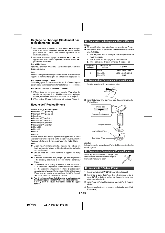 Pour vérifier l’heure, Écoute de l’ipod ou iphone, Connexion de l’adaptateur ipod et iphone | Notes, Pour insérer l’adaptateur ipod ou iphone, Pour retirer l’adaptateur ipod ou iphone, Lecture de l’ipod ou iphone, Écoute de l’ipod et iphone - 11, Fr-10 | Pioneer X-HM50-K User Manual | Page 34 / 76