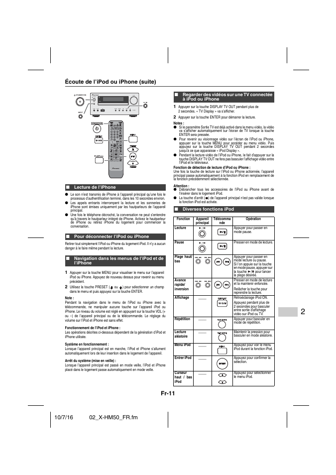 Écoute de l’ipod ou iphone (suite), Lecture de l’iphone, Pour déconnecter l’ipod ou iphone | Navigation dans les menus de l’ipod et de l’iphone, Diverses fonctions ipod, Fr-11 | Pioneer X-HM50-K User Manual | Page 35 / 76