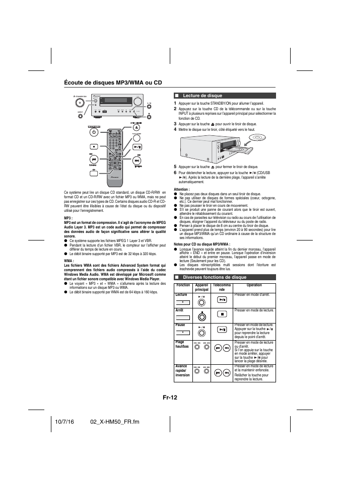 Écoute de disques mp3/wma ou cd, Lecture de disque, Diverses fonctions de disque | Écoute d’un cd ou d’un disque mp3/wma, Fr-12 | Pioneer X-HM50-K User Manual | Page 36 / 76