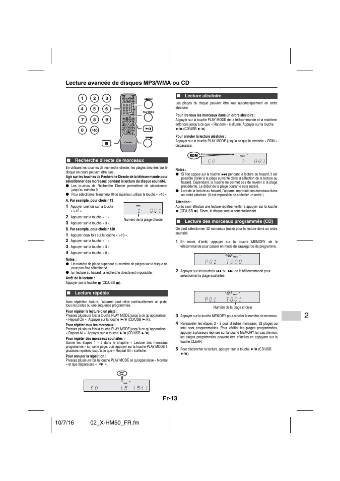 Lecture avancée de disques mp3/wma ou cd, Recherche directe de morceaux, Lecture répétée | Lecture aléatoire, Lecture des morceaux programmés (cd), Lecture avancée de disques mp3/wma ou cd - 14, Fr-13 | Pioneer X-HM50-K User Manual | Page 37 / 76