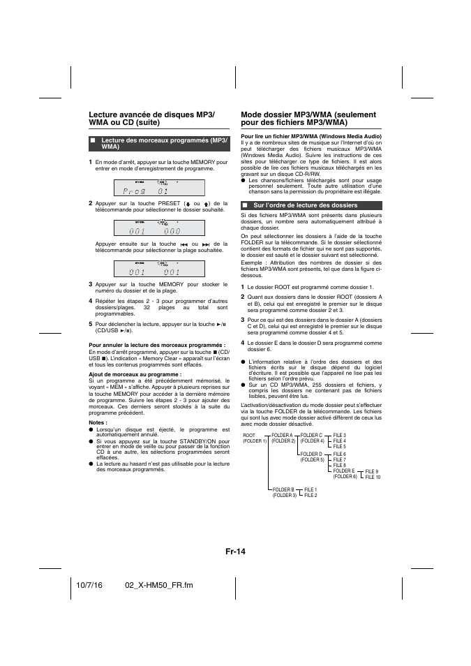 Lecture avancée de disques mp3/ wma ou cd (suite), Lecture des morceaux programmés (mp3/ wma), Sur l’ordre de lecture des dossiers | Fr-14 | Pioneer X-HM50-K User Manual | Page 38 / 76