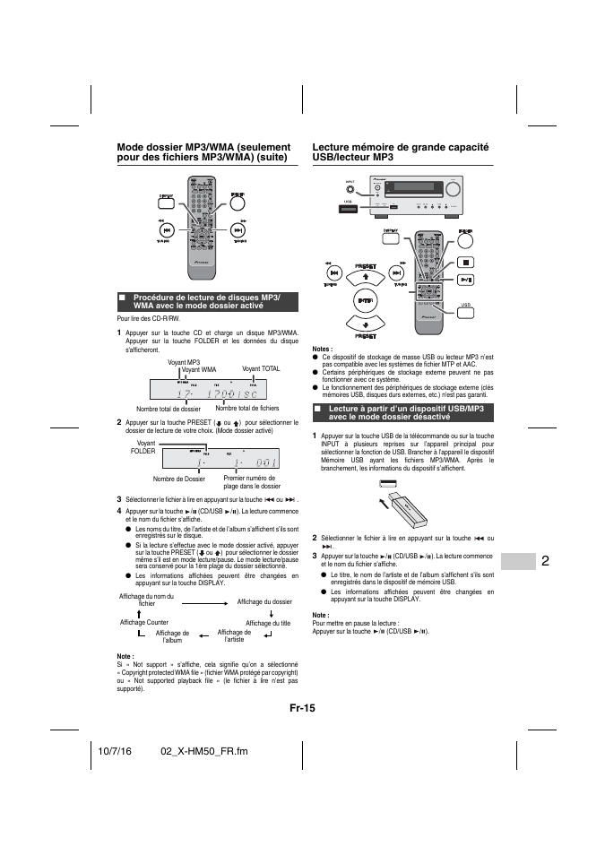 Lecture mémoire de grande capacité usb/lecteur mp3, Appuyer sur la touche / (cd/usb /), Fr-15 | Pioneer X-HM50-K User Manual | Page 39 / 76