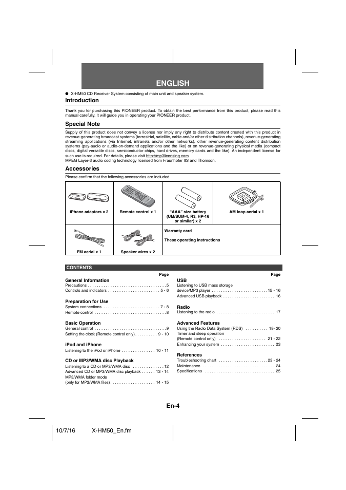 Pioneer X-HM50-K User Manual | Page 4 / 76