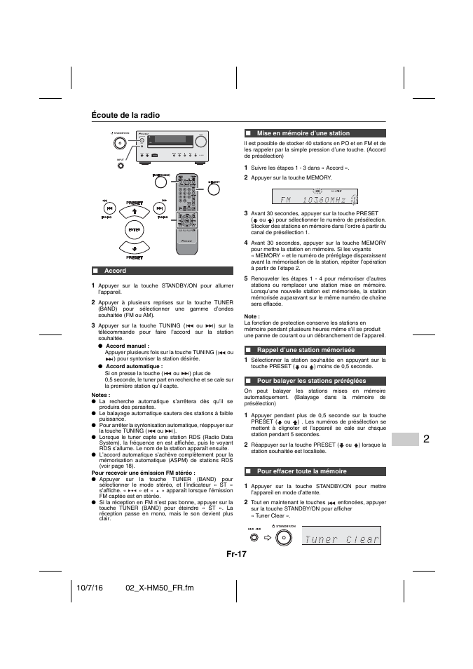 Écoute de la radio, Accord, Mise en mémoire d’une station | Rappel d’une station mémorisée, Pour balayer les stations préréglées, Pour effacer toute la mémoire, Fr-17 | Pioneer X-HM50-K User Manual | Page 41 / 76