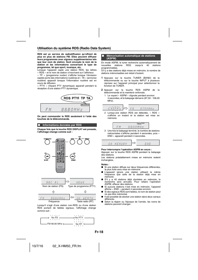 Informations données par rds, Mémorisation automatique de stations (aspm), Fr-18 | Utilisation du système rds (radio data system) | Pioneer X-HM50-K User Manual | Page 42 / 76